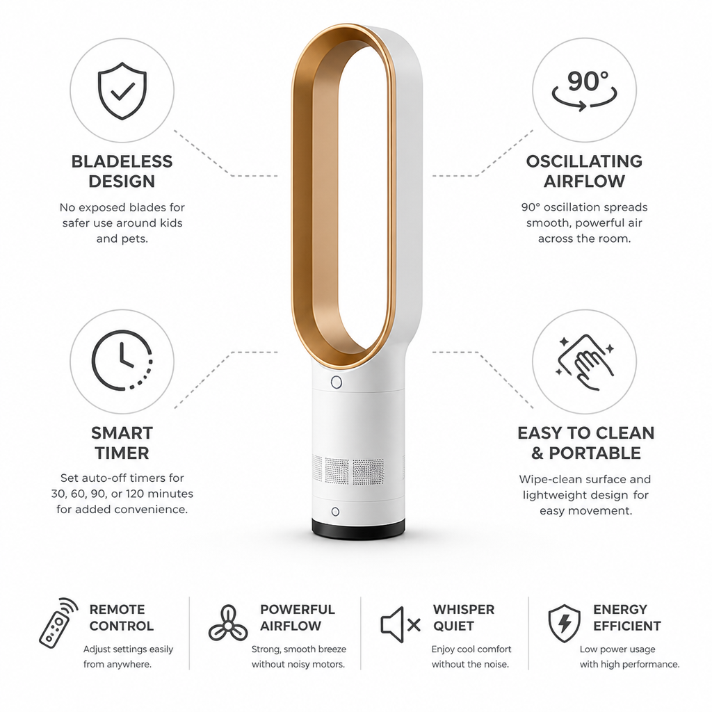 Quiet Bladeless Oscillating Fan (Remote & Timer)