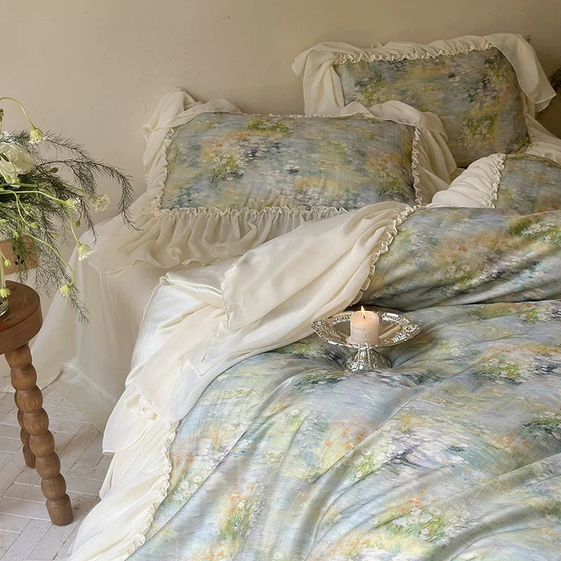 Quilted Bed Set Watercolor Floral & Ruffled Trim