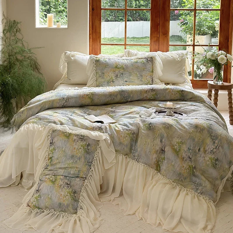 Quilted Bed Set Watercolor Floral & Ruffled Trim