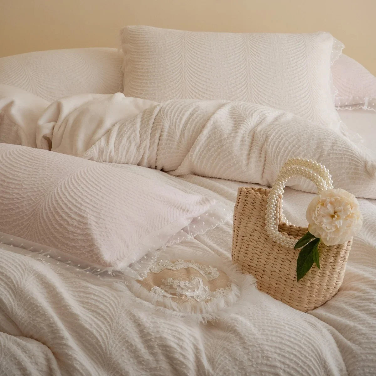 Quilted Bed Set Wave Quilting & Lace Trim