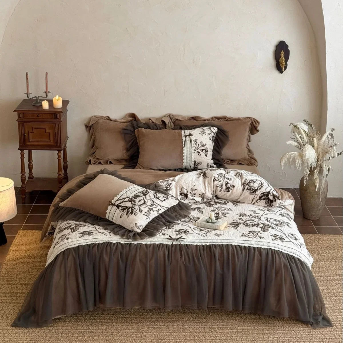Quilted Bedding Set Cotton Blend Floral & Tulle Ruffle