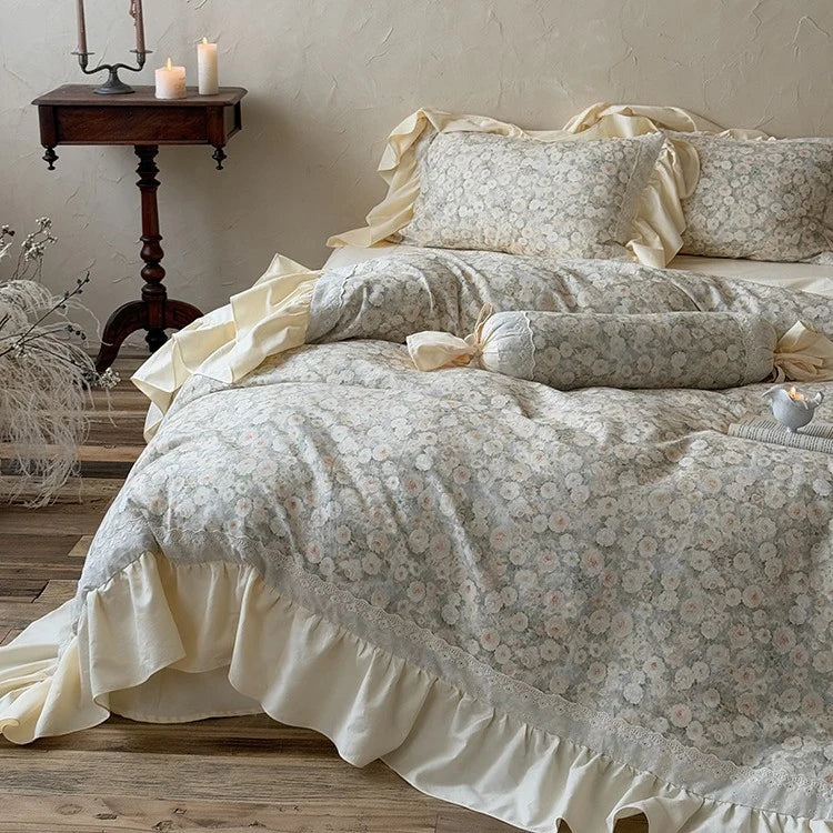 Quilted Bedding Set Floral Jacquard & Ruffled Edges