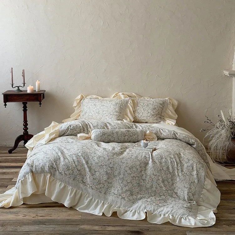 Quilted Bedding Set Floral Jacquard & Ruffled Edges