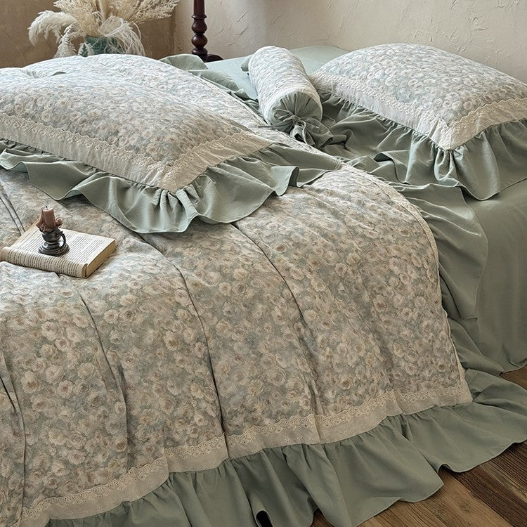 Quilted Bedding Set Floral Jacquard & Ruffled Edges