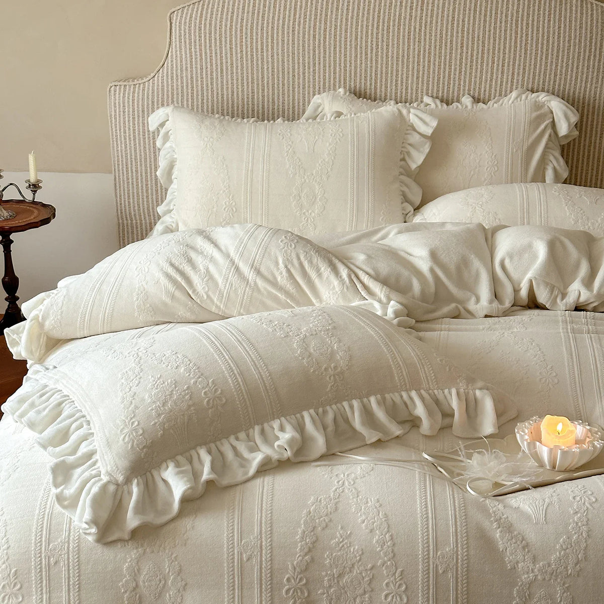 Quilted Bedding Set Medallion Jacquard Ruffle Trim