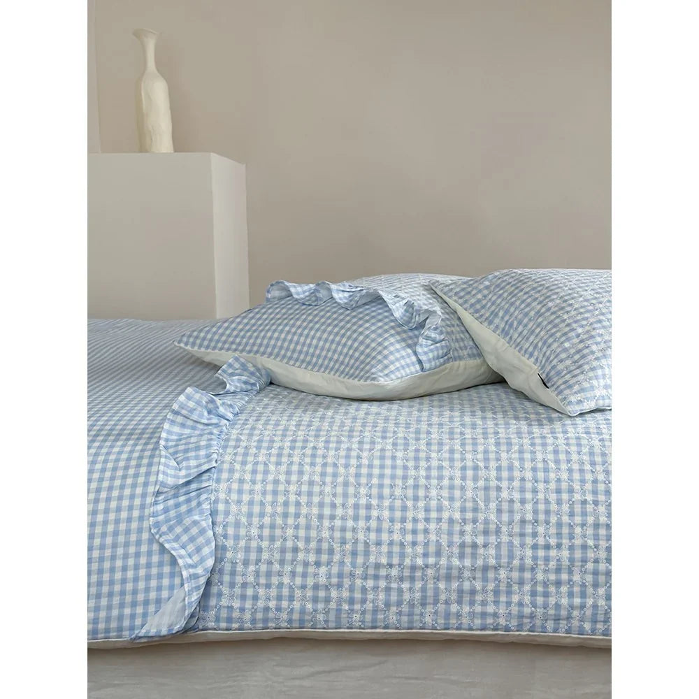 Quilted Bedding Set Vichy Check & Ruffle Trim Cotton-Blend