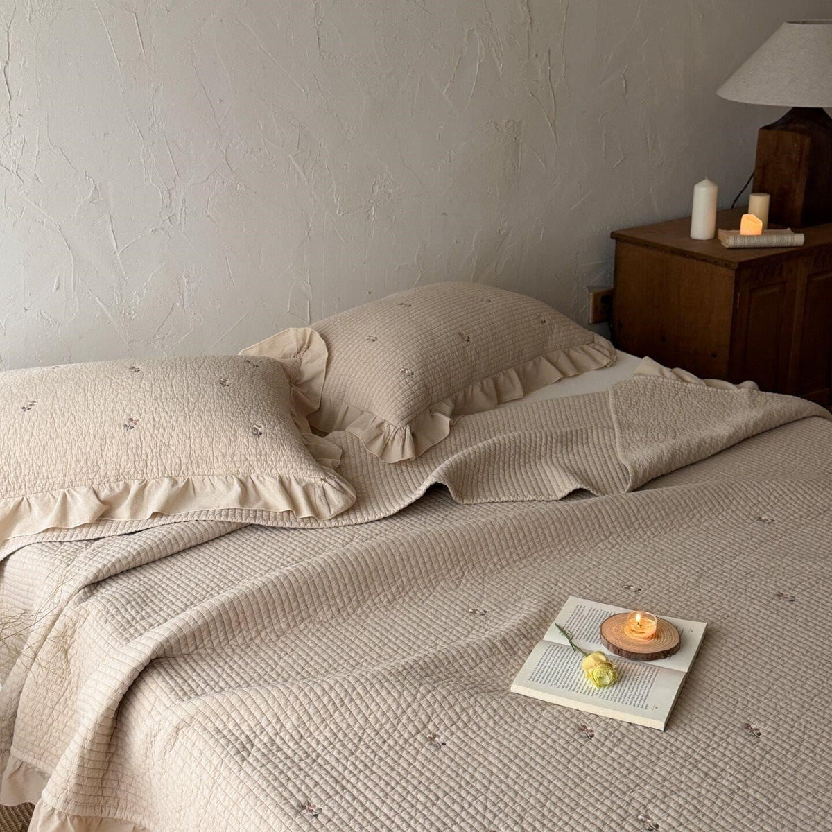 Quilted Bedspread Cotton Percale Floral Embroidery & Ruffle Border