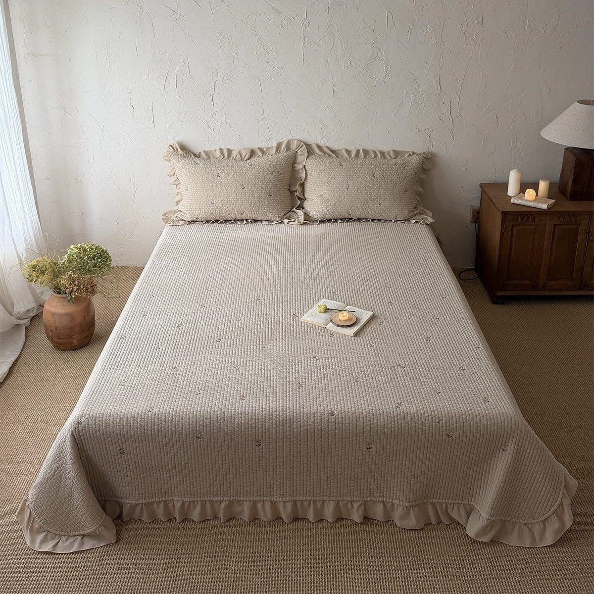 Quilted Bedspread Cotton Percale Floral Embroidery & Ruffle Border