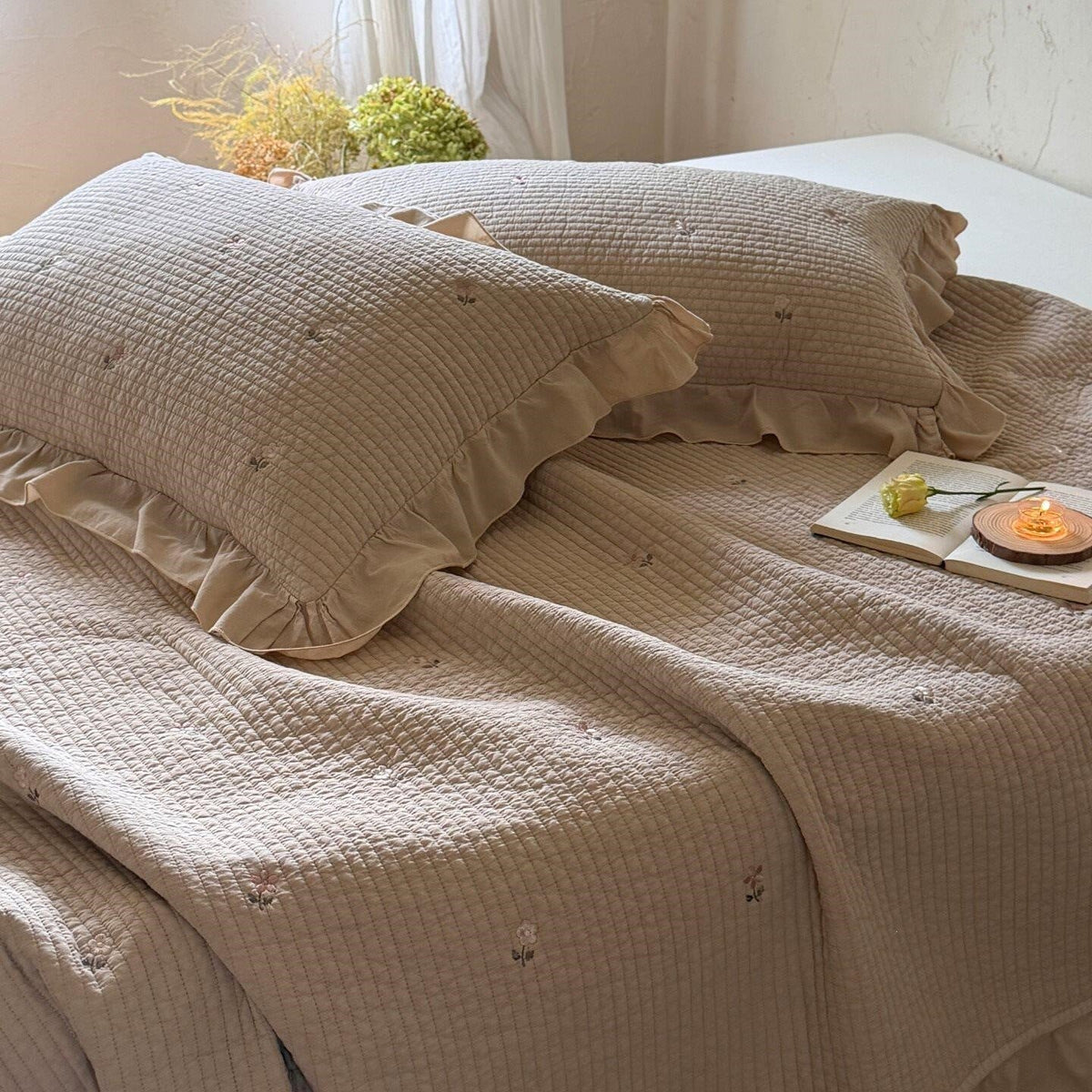 Quilted Bedspread Cotton Percale Floral Embroidery & Ruffle Border