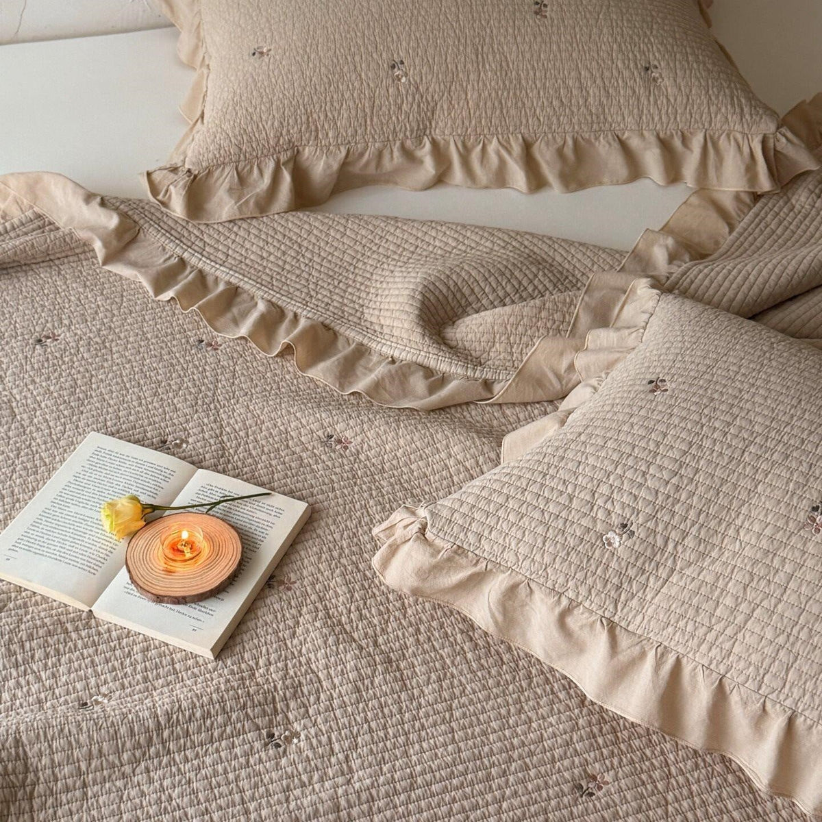 Quilted Bedspread Cotton Percale Floral Embroidery & Ruffle Border