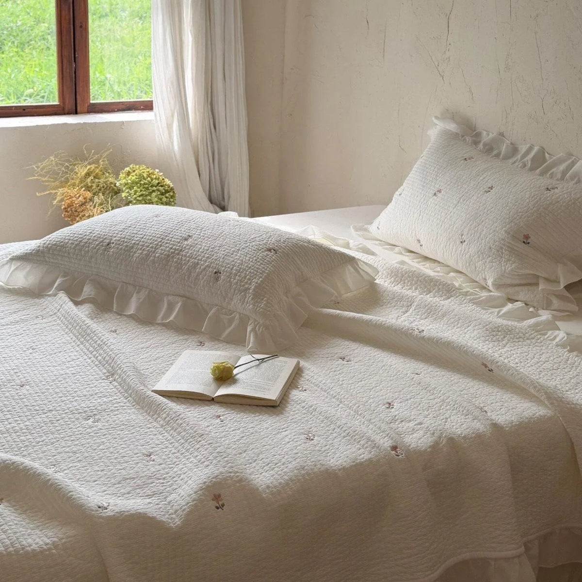 Quilted Bedspread Cotton Percale Floral Embroidery & Ruffle Border