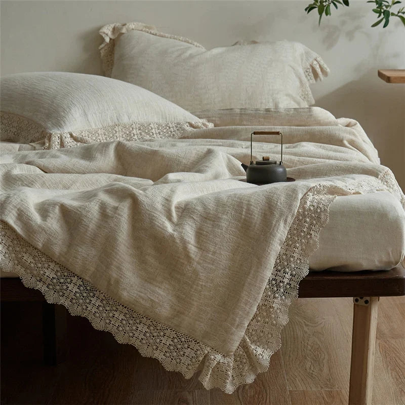 Quilted Bedspread Washed Linen Look Breathable Crochet Lace Trim