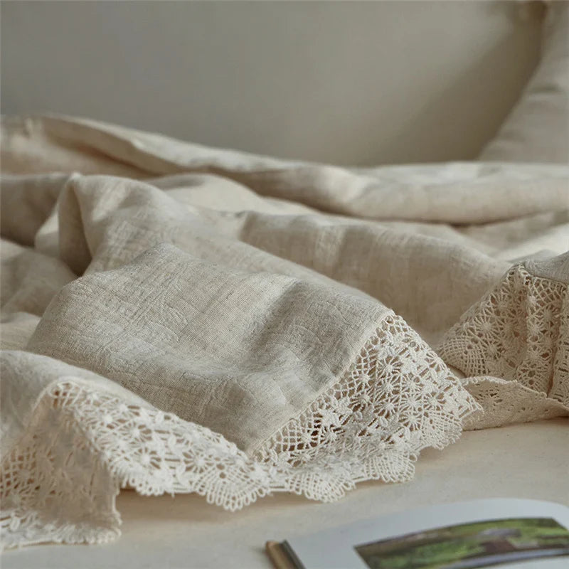 Quilted Bedspread Washed Linen Look Breathable Crochet Lace Trim
