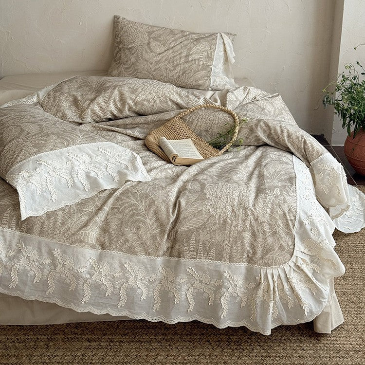 Quilted Duvet Set Botanical Jacquard Embroidered Lace Ruffle