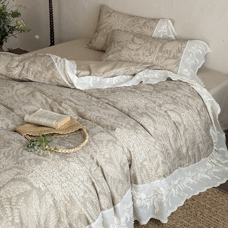 Quilted Duvet Set Botanical Jacquard Embroidered Lace Ruffle