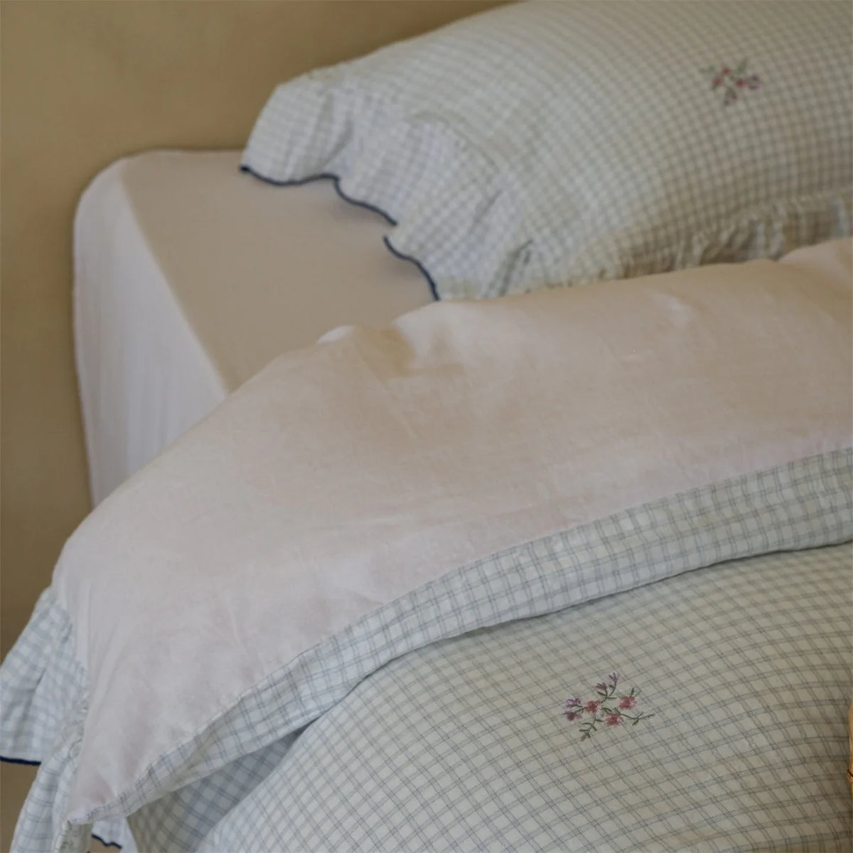 Quilted Duvet Set Cotton Blend Gingham & Floral Embroidery