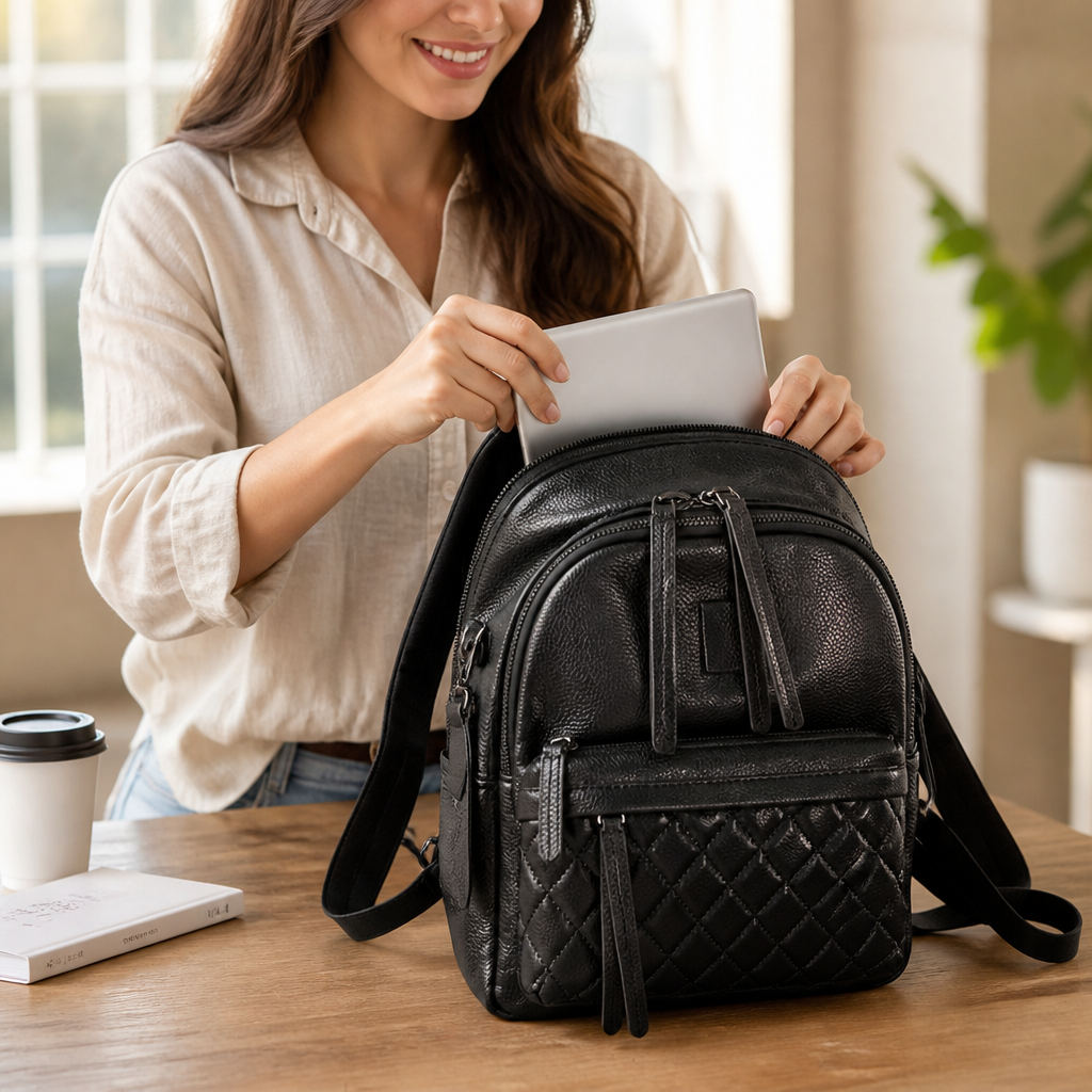 Quilted Faux Leather Backpack (Padded Laptop Compartment)