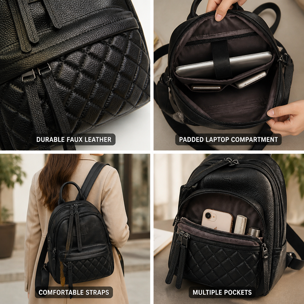 Quilted Faux Leather Backpack (Padded Laptop Compartment)