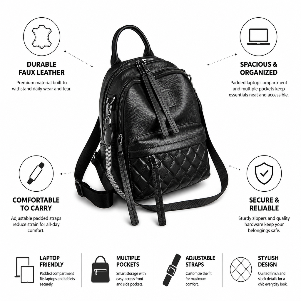 Quilted Faux Leather Backpack (Padded Laptop Compartment)
