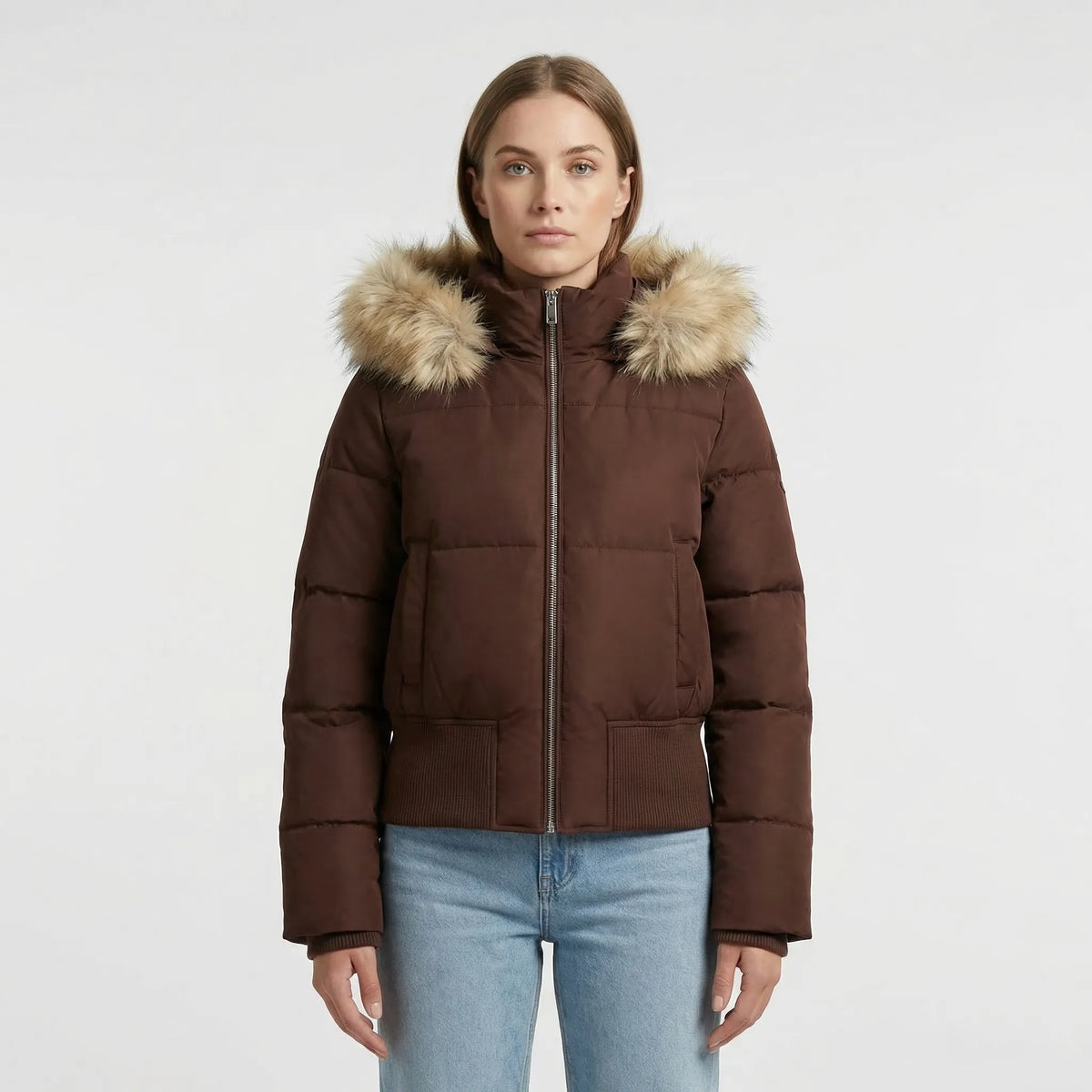 Quilted Jacket Insulated Detachable Hood Faux Fur Trim