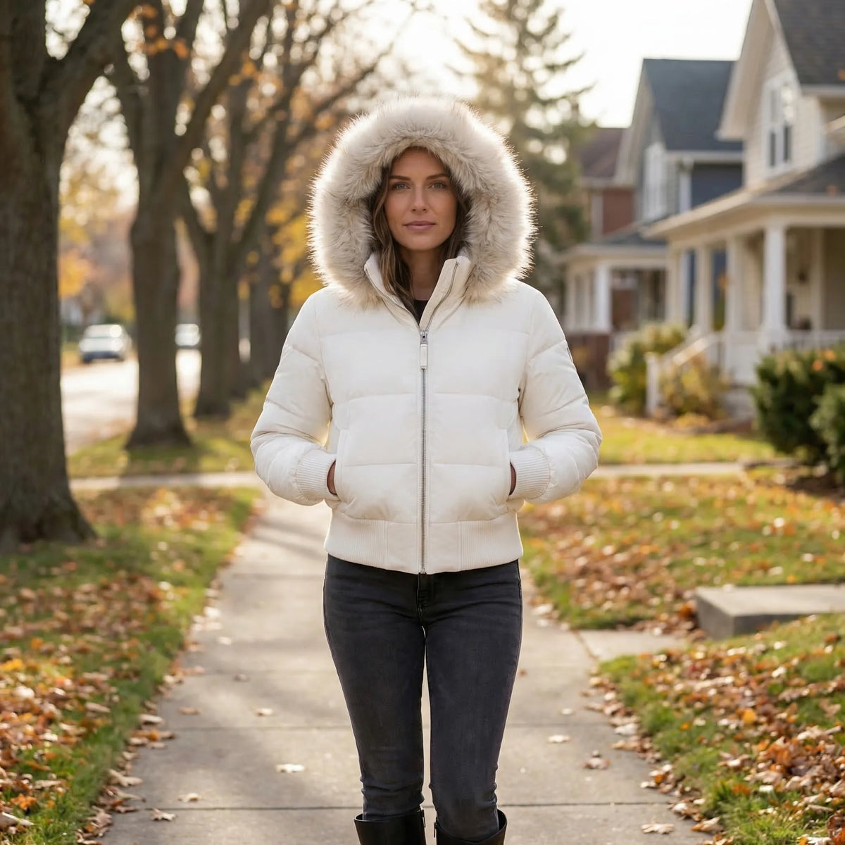 Quilted Jacket Insulated Detachable Hood Faux Fur Trim