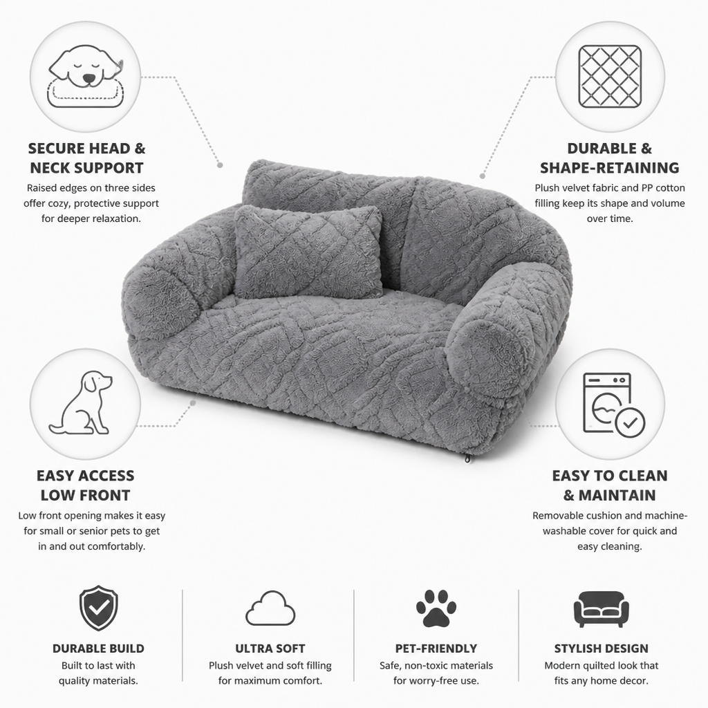 Quilted Plush Velvet Raised-Edge Pet Sofa Bed (Includes Cushion)