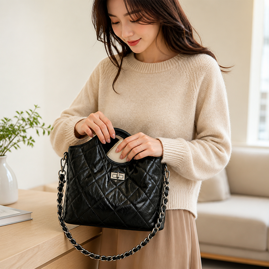 Quilted Synthetic Leather Handbag (Detachable Chain Strap)