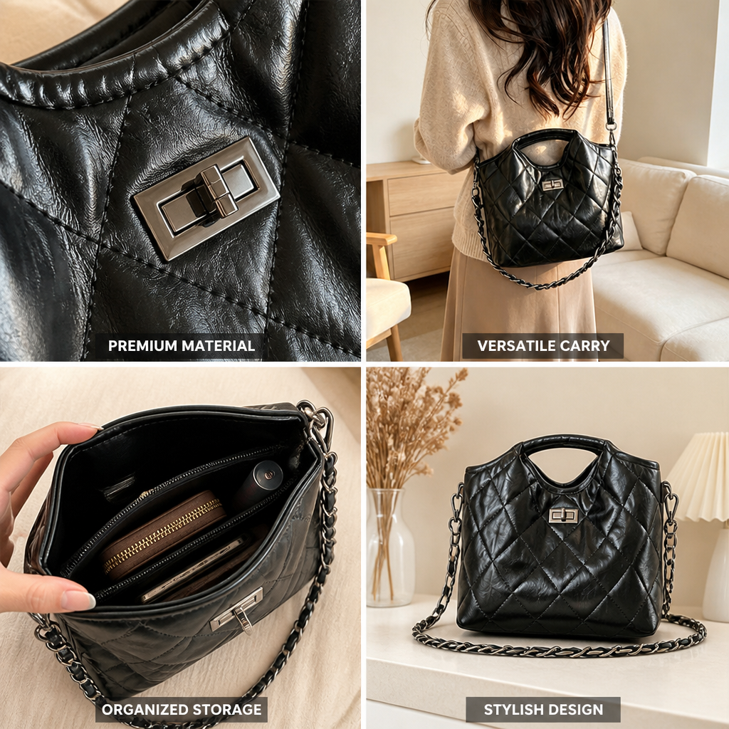 Quilted Synthetic Leather Handbag (Detachable Chain Strap)