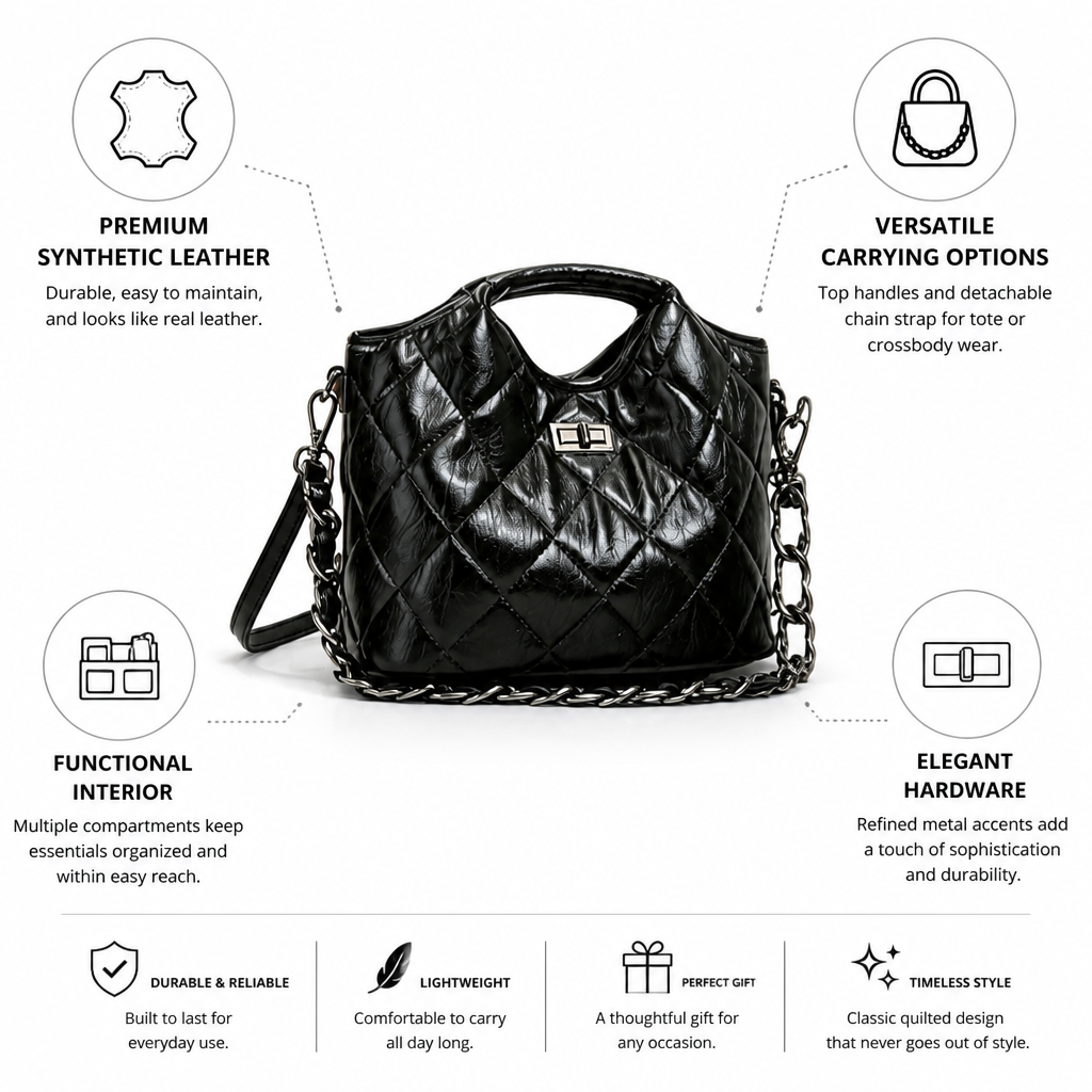 Quilted Synthetic Leather Handbag (Detachable Chain Strap)