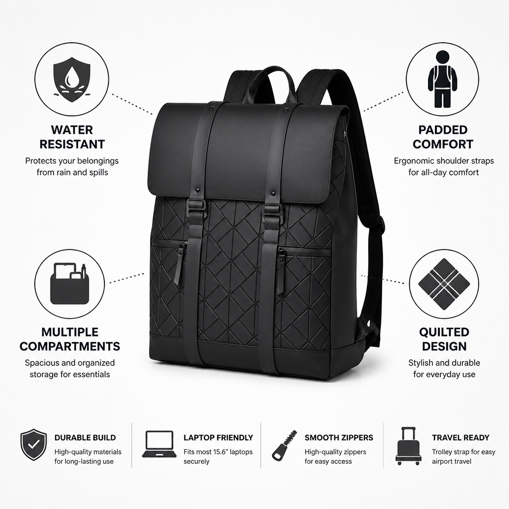 Quilted Water-Resistant Backpack (Padded Straps)