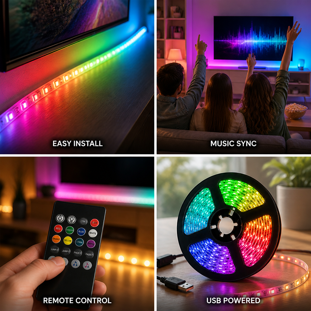 RGB Color-Changing, Music-Sync & Remote-Control LED Strip Light (5m)
