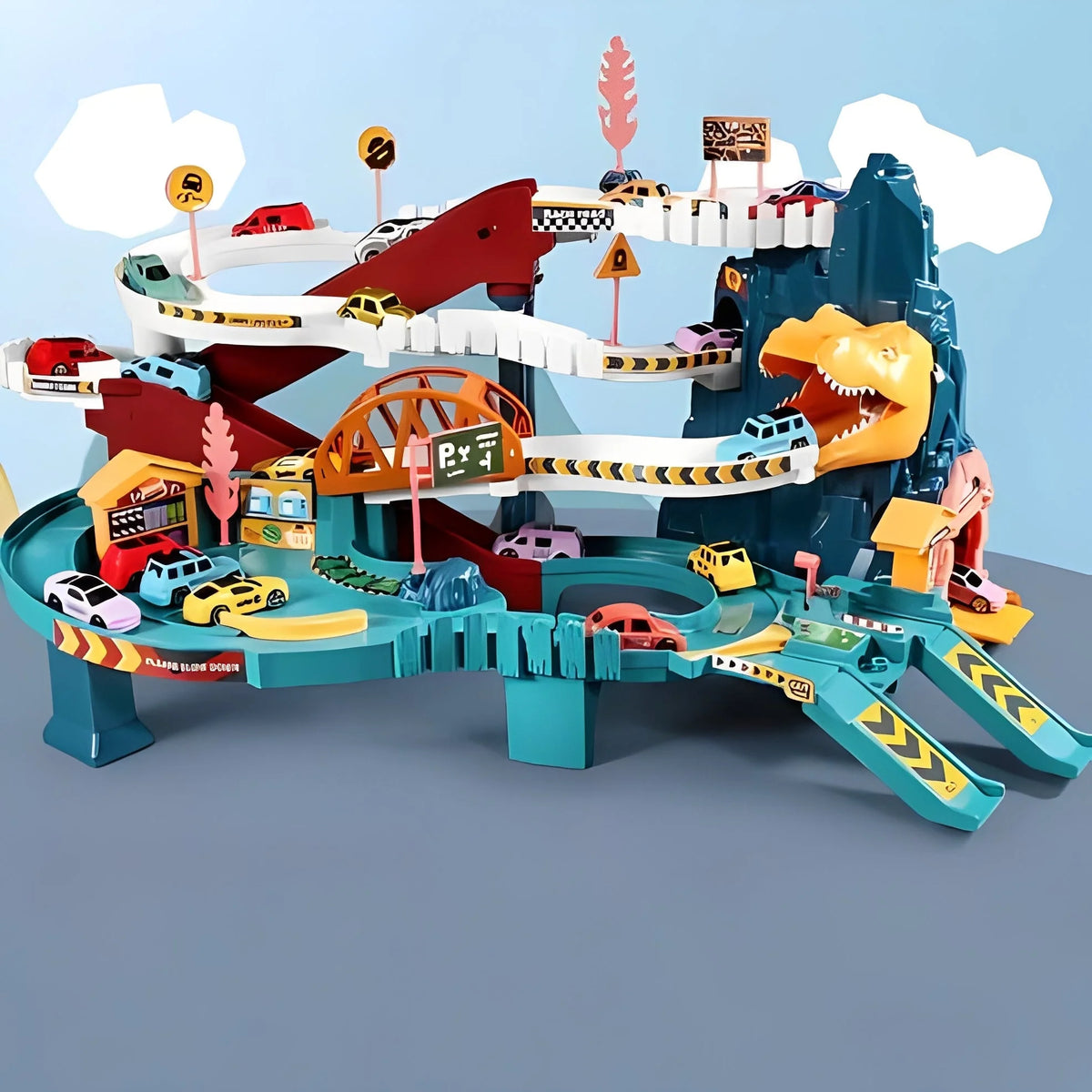 Race Track Playset Dinosaur Multi-Level With Eight Cars