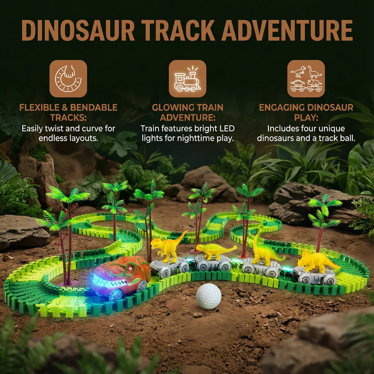 Race Track Set Dinosaur Theme Flexible Track LED Train