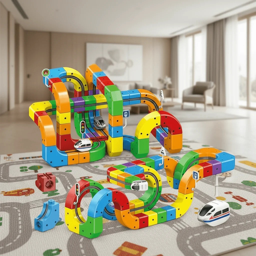 Railway Building Set Modular Tracks USB-Rechargeable Locomotive 51 Pieces