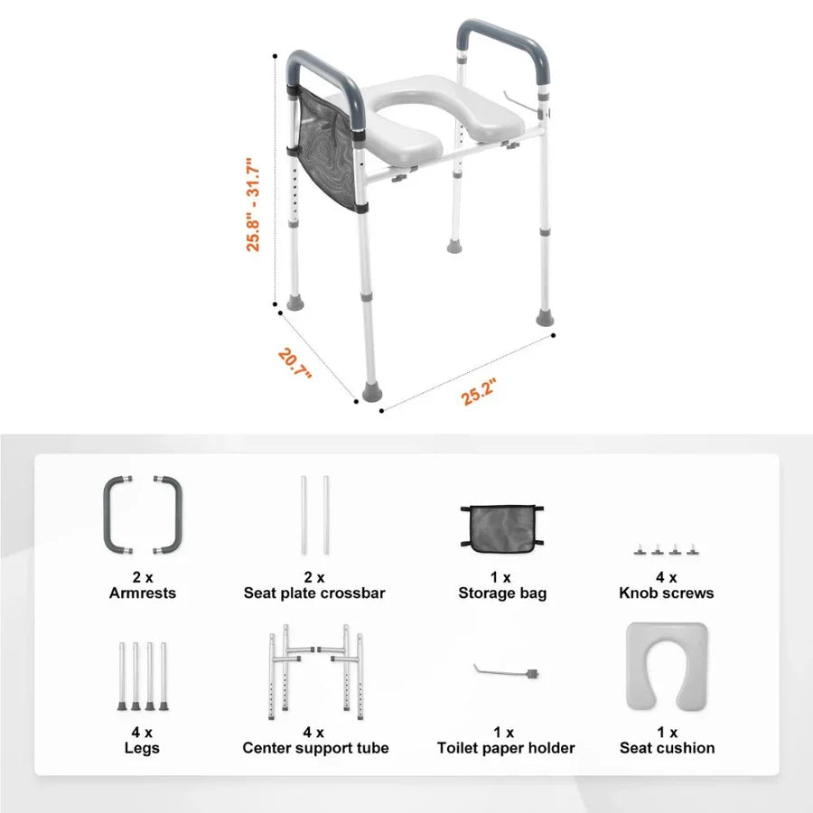 Raised Toilet Seat Adjustable Height Padded Armrests