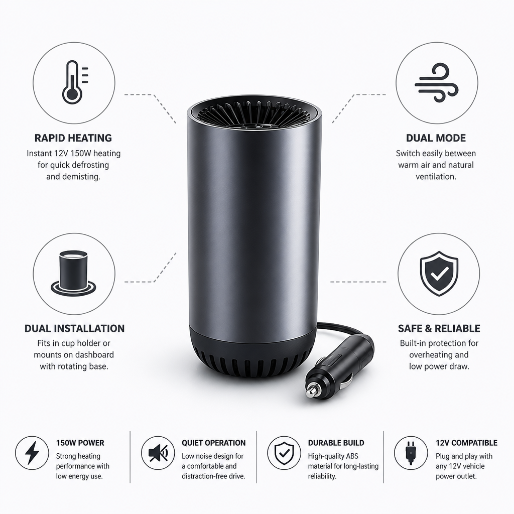 Rapid-Heating 12V Dual-Mode Car Heater (Cup-Holder Mount)