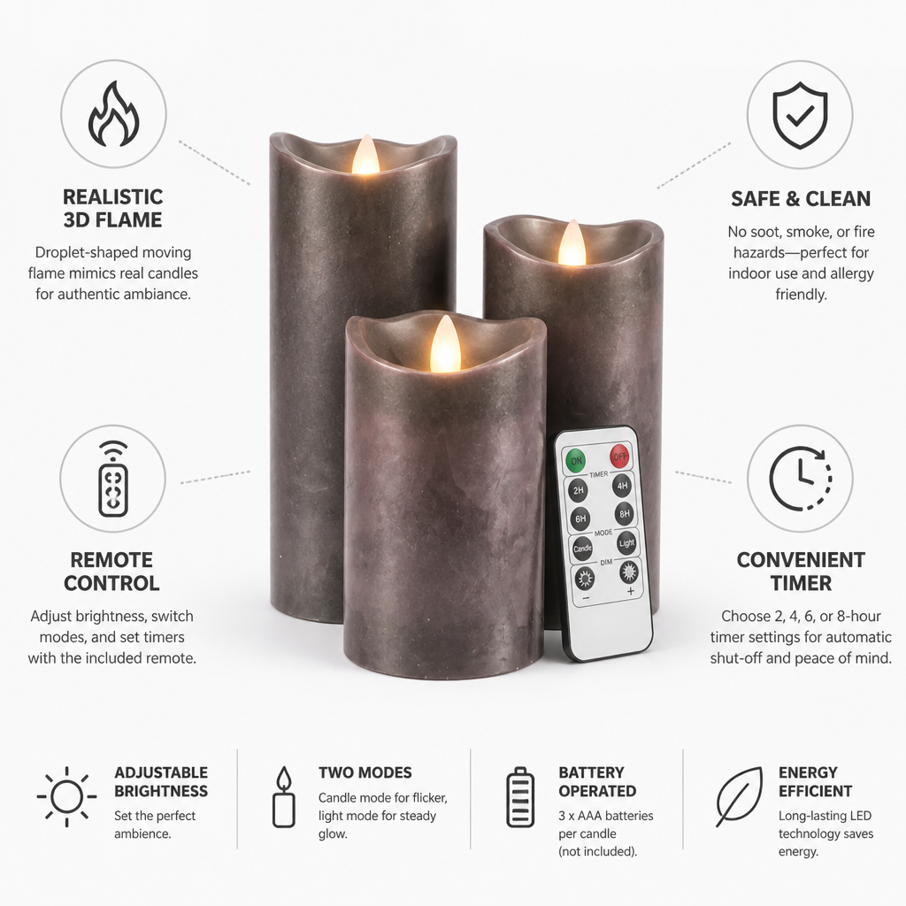 Realistic 3D Flame Remote & Timer LED Block Candles (Set of 3)
