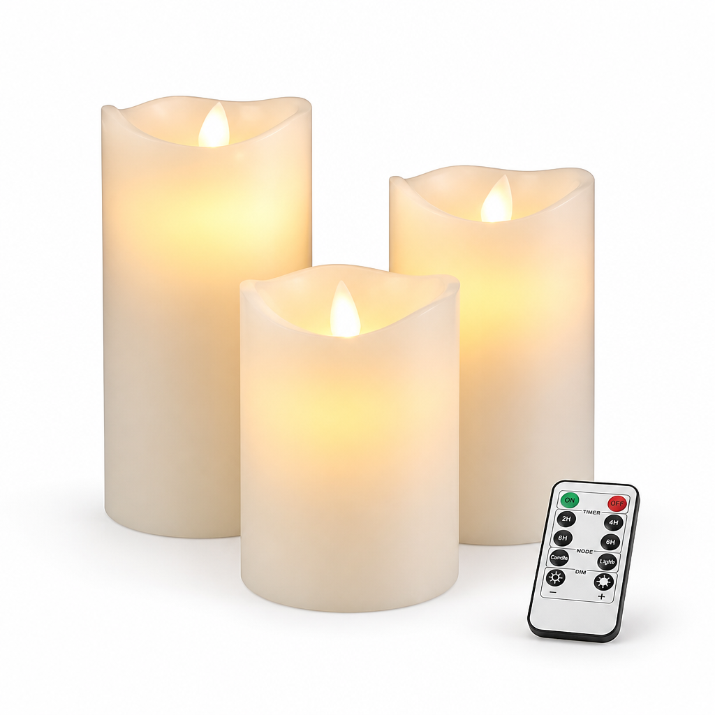 Realistic 3D Flame Remote & Timer LED Block Candles (Set of 3)