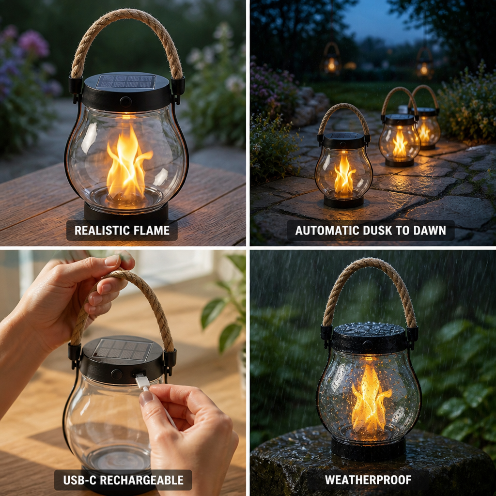 Realistic Flame Flicker Solar & USB-C Rechargeable Lantern