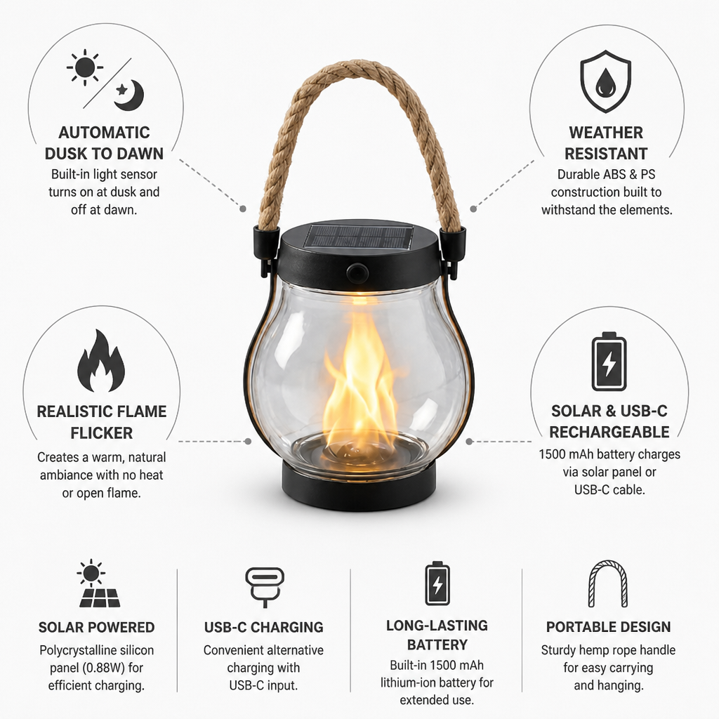 Realistic Flame Flicker Solar & USB-C Rechargeable Lantern