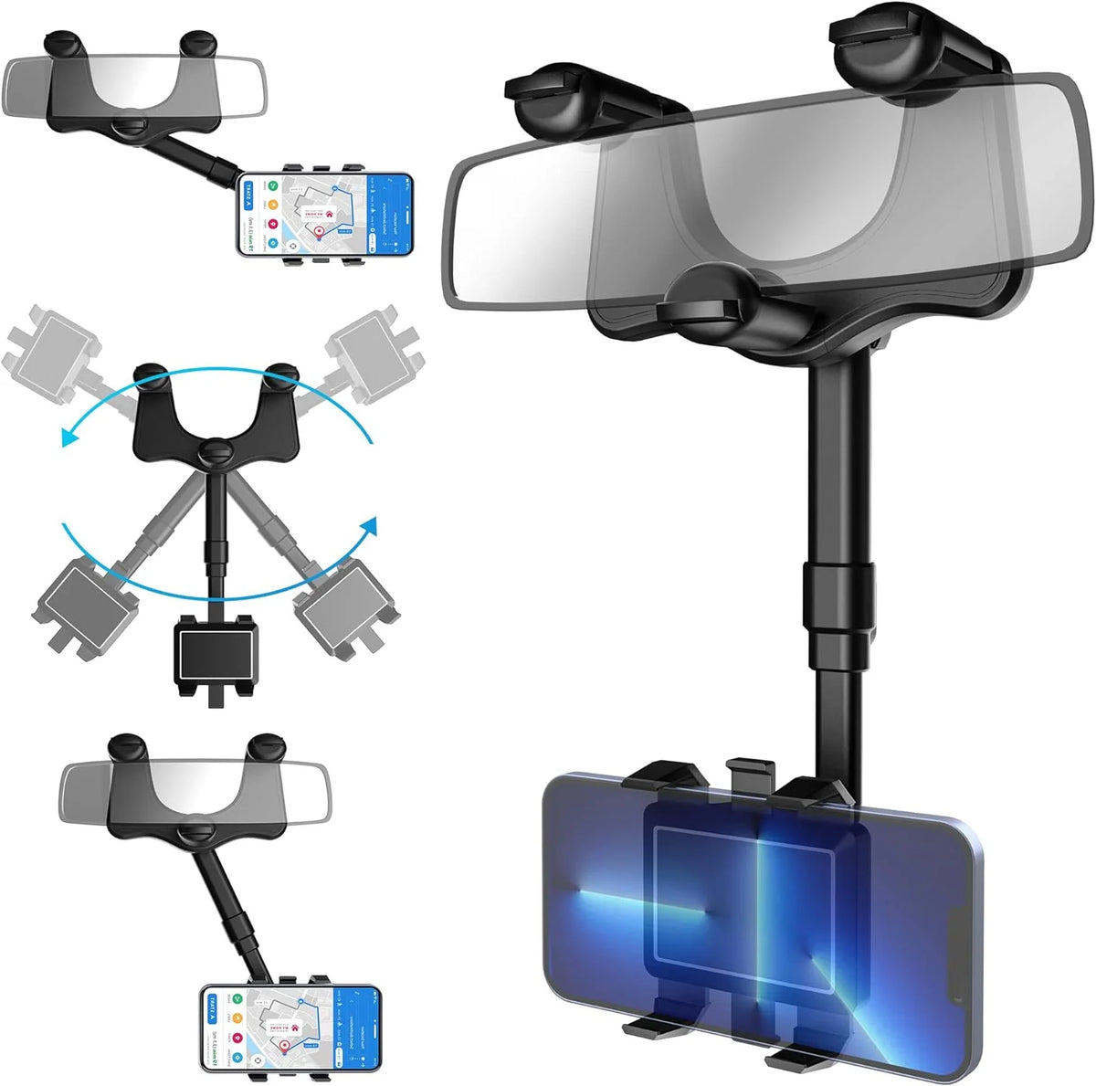Rearview Mirror Phone Holder 360-Degree Adjustable Foldable Four-Jaw Grip