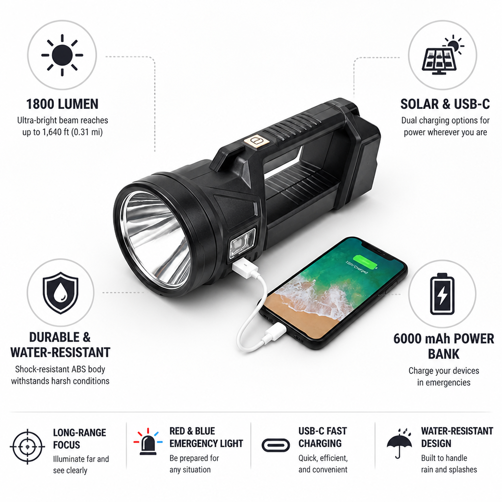 Rechargeable 1800 Lumen Long-Range Searchlight