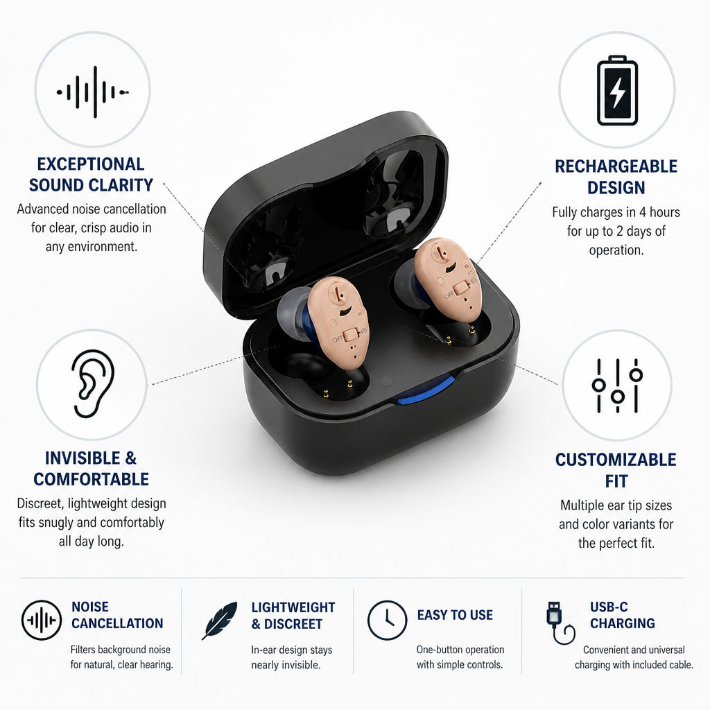 Rechargeable Invisible Noise-Cancelling Hearing Aids (Pair)