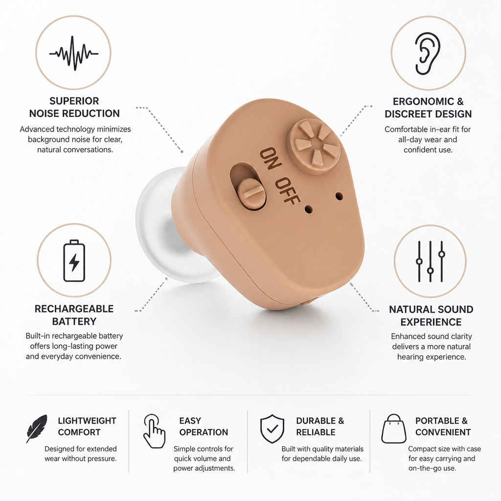 Rechargeable Noise-Reducing In-Ear Hearing Amplifier