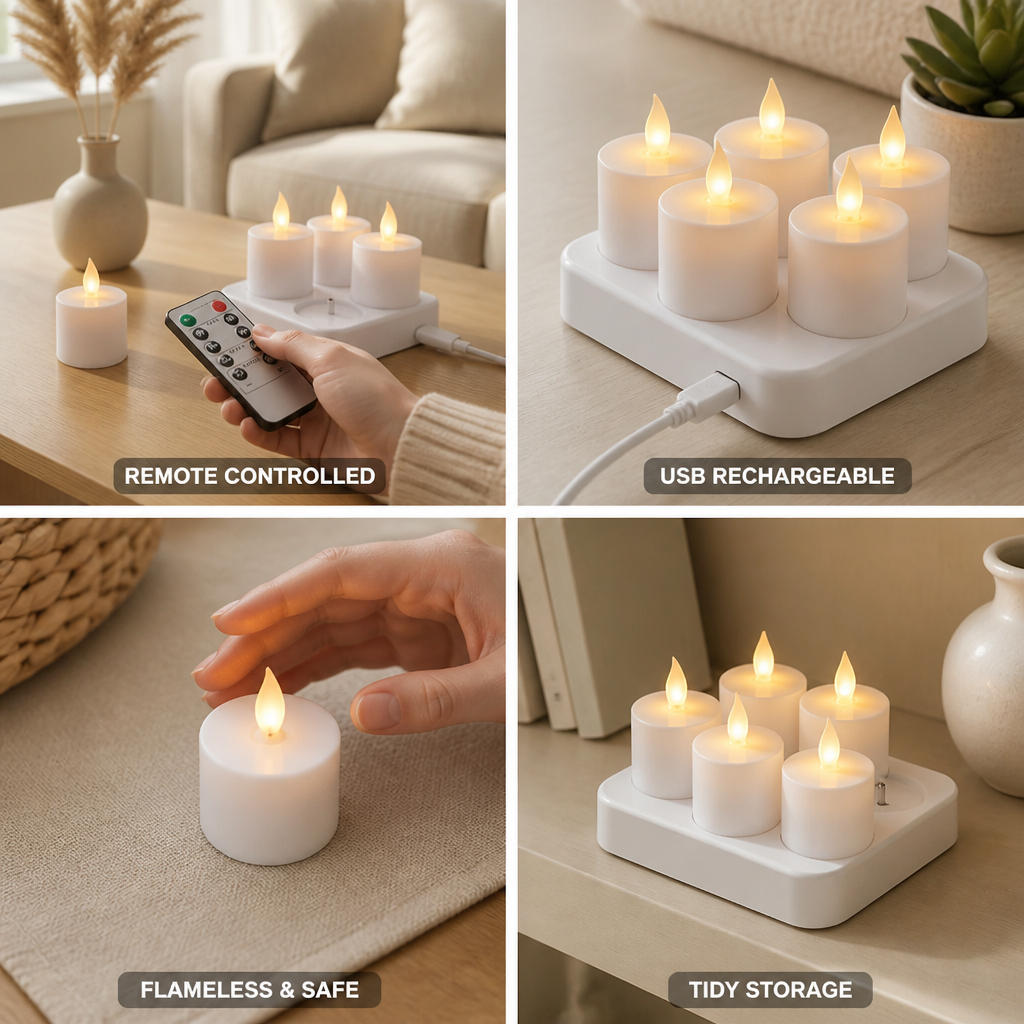 Rechargeable USB Remote-Controlled Warm White LED Tealight Set