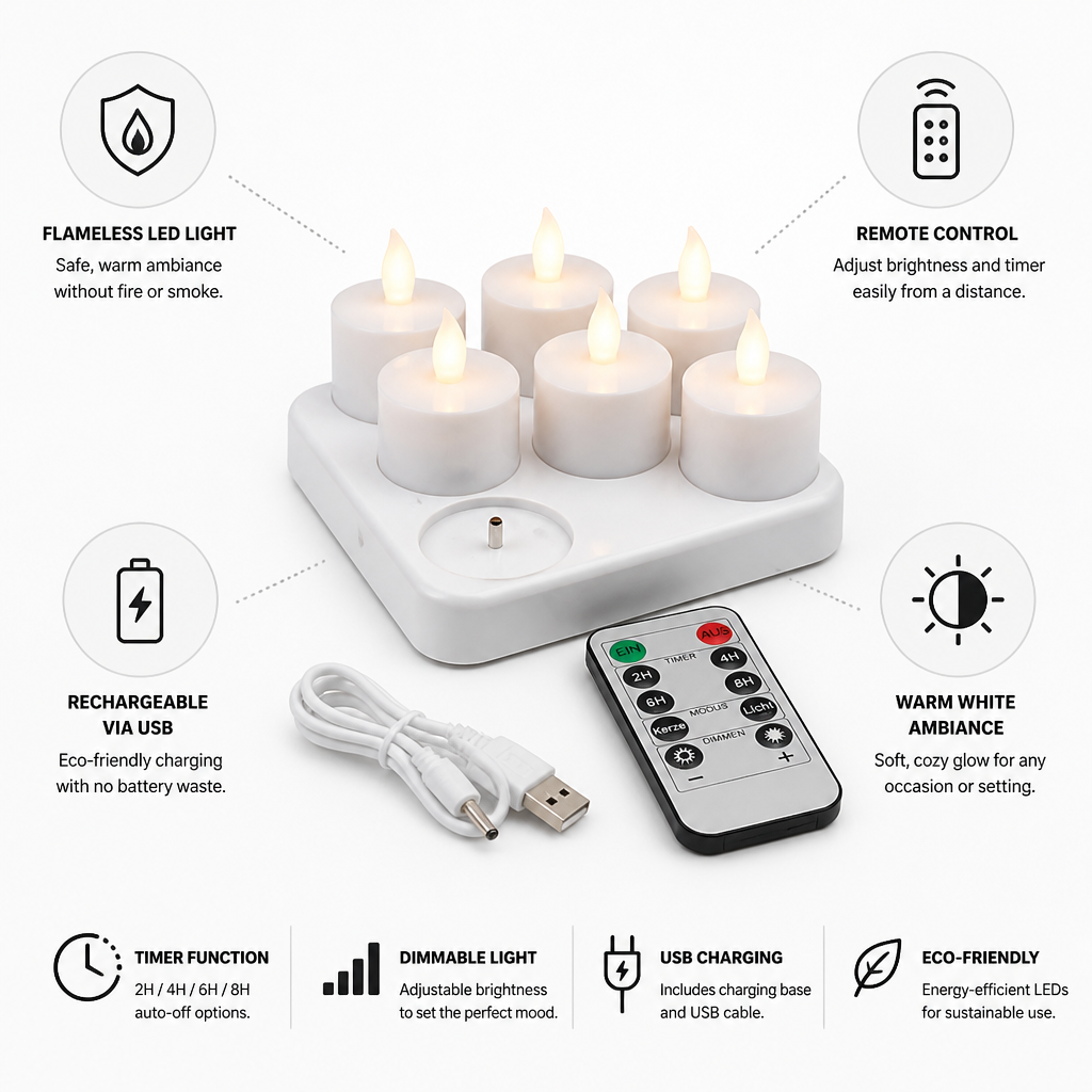 Rechargeable USB Remote-Controlled Warm White LED Tealight Set