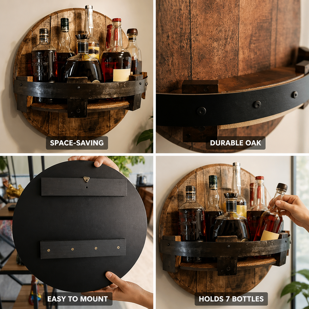 Reclaimed Oak & Metal-Band Wall Wine Rack (7-Bottle)