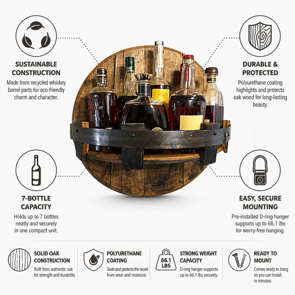 Reclaimed Oak & Metal-Band Wall Wine Rack (7-Bottle)