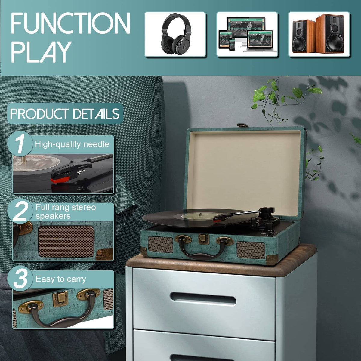 Record Player Bluetooth & Built-In Stereo Speakers 3-Speed