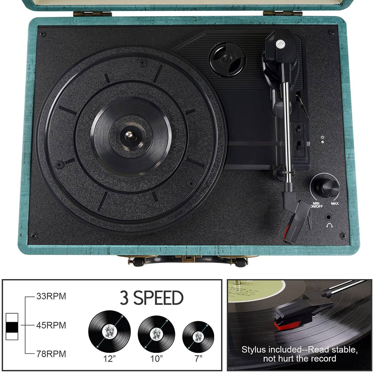 Record Player Bluetooth & Built-In Stereo Speakers 3-Speed